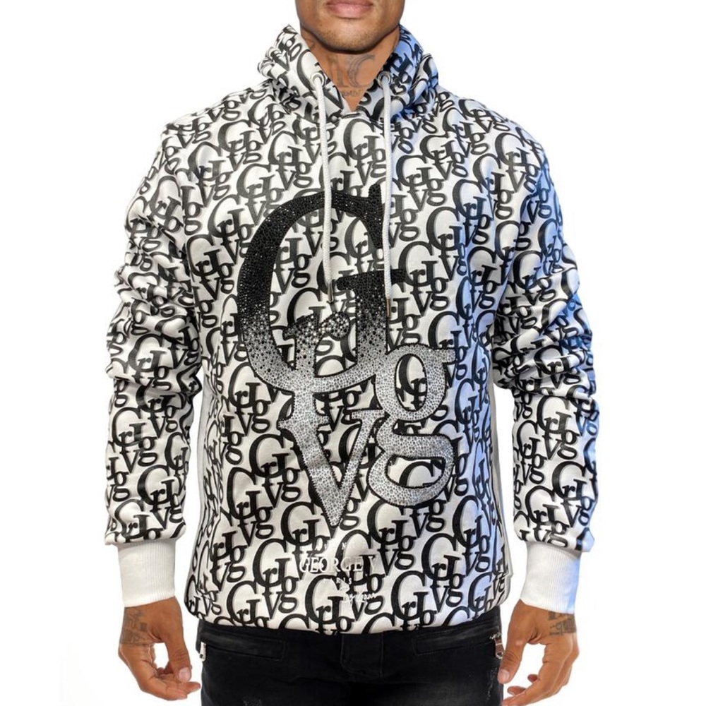 Large Men’s Black White Sweater Hoodie George V Designer Brand Paris Rhinestone